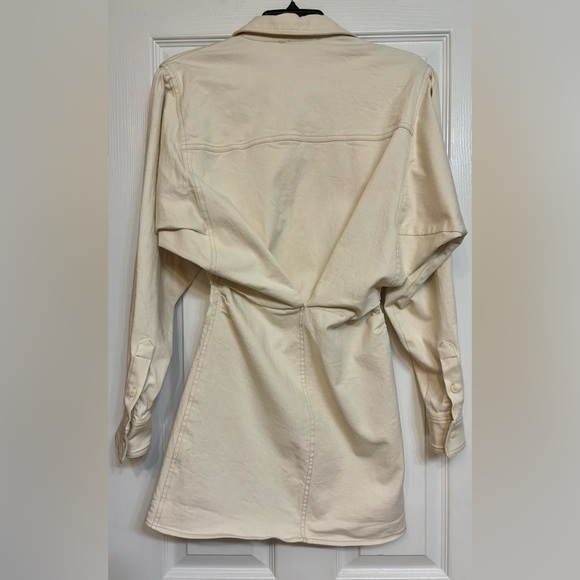 Zara long sleeve mini ivory cream ecru denim shirt dress with ruched detail. S - Picture 4 of 6